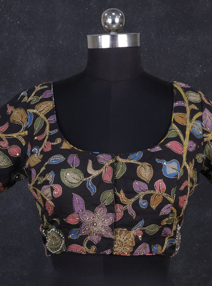 Silk penkalamkari readymade blouse black with allover kalamkari prints & pita work and back knot