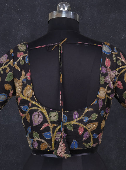 Silk penkalamkari readymade blouse black with allover kalamkari prints & pita work and back knot