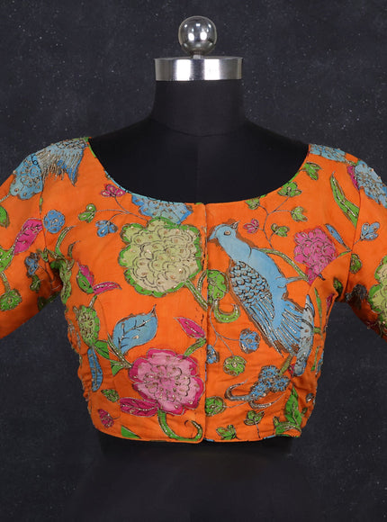Silk penkalamkari readymade blouse orange with allover kalamkari prints & pita work