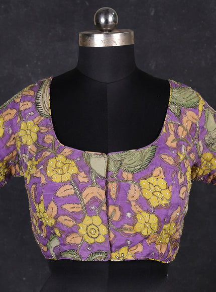 Silk penkalamkari readymade blouse lavender with allover kalamkari prints & pita work and back knot