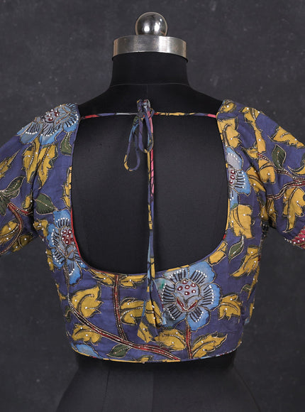 Silk penkalamkari readymade blouse bluish grey with allover kalamkari prints & pita work and back knot