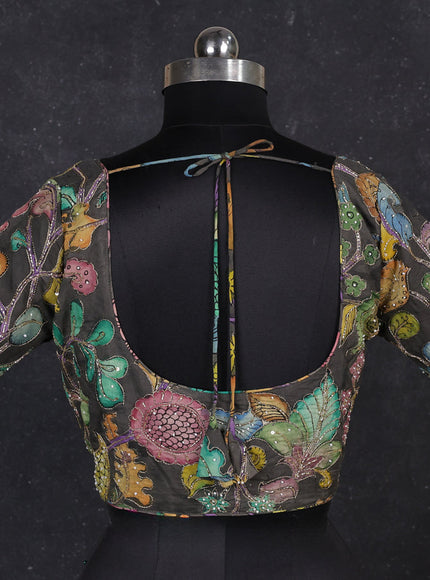 Silk penkalamkari readymade blouse grey shade with allover kalamkari prints & pita work and back knot