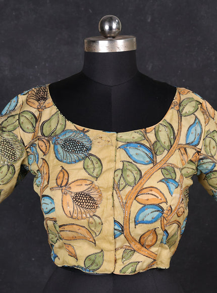 Silk penkalamkari readymade blouse sandal with allover kalamkari prints & pita work and back knot