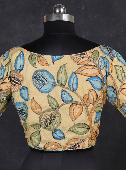 Silk penkalamkari readymade blouse sandal with allover kalamkari prints & pita work and back knot
