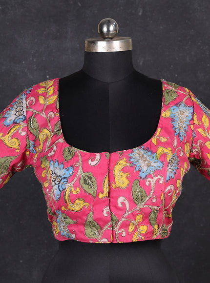 Silk penkalamkari readymade blouse pink with allover kalamkari prints & pita work and back knot