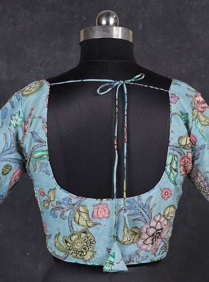 Silk penkalamkari readymade blouse teal blue with allover kalamkari prints & pita work and back knot