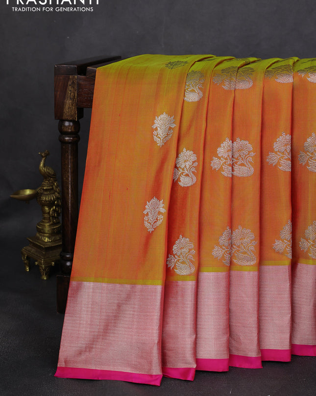 Venkatagiri silk saree mustard yellow and pink with silver zari woven buttas and silver zari woven border