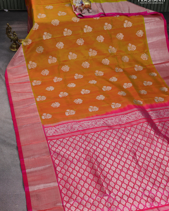 Venkatagiri silk saree mustard yellow and pink with silver zari woven buttas and silver zari woven border