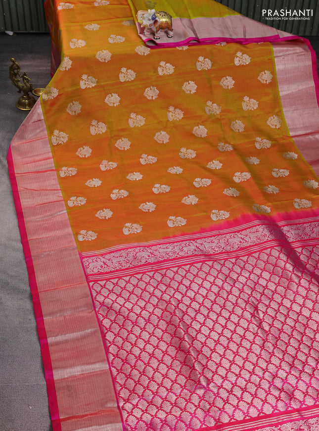 Venkatagiri silk saree mustard yellow and pink with silver zari woven buttas and silver zari woven border