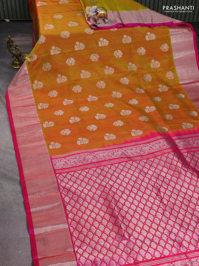 Venkatagiri silk saree mustard yellow and pink with silver zari woven buttas and silver zari woven border