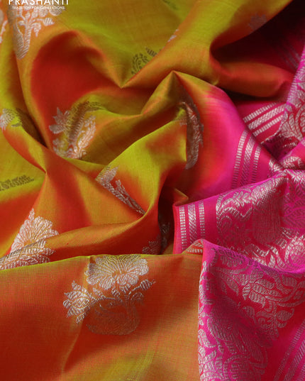 Venkatagiri silk saree mustard yellow and pink with silver zari woven buttas and silver zari woven border