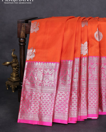 Venkatagiri silk saree orange and pink with silver zari woven buttas and long silver zari woven border