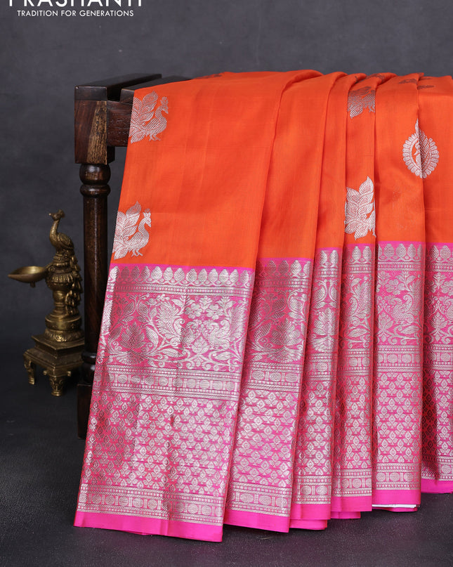 Venkatagiri silk saree orange and pink with silver zari woven buttas and long silver zari woven border