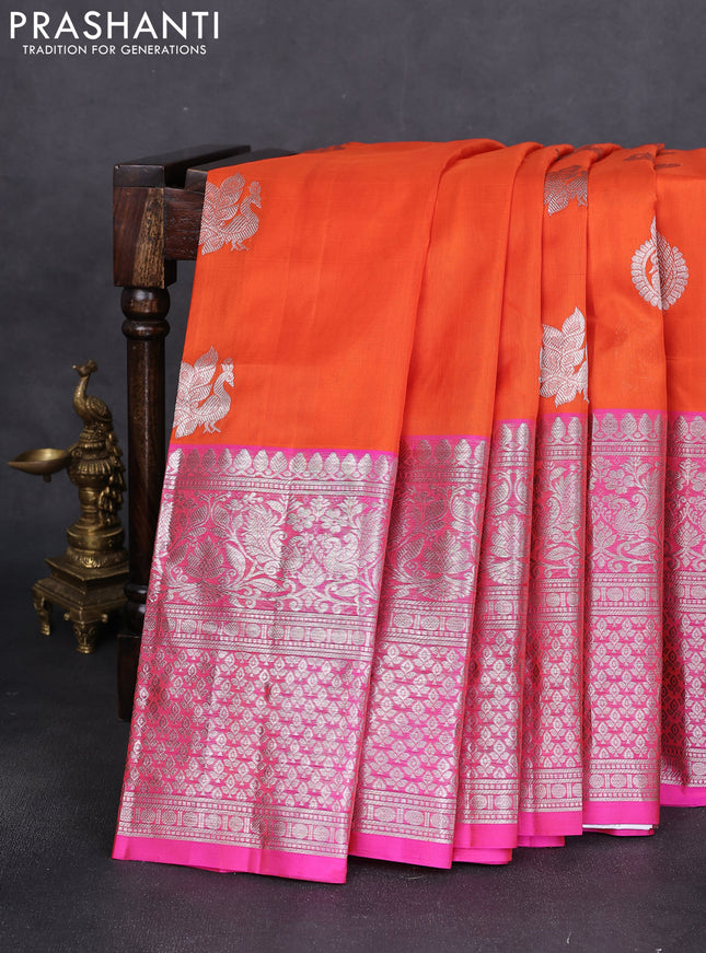 Venkatagiri silk saree orange and pink with silver zari woven buttas and long silver zari woven border