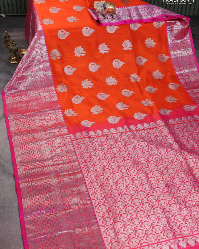 Venkatagiri silk saree orange and pink with silver zari woven buttas and long silver zari woven border