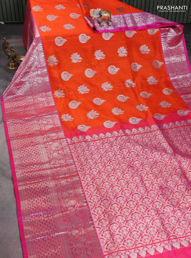 Venkatagiri silk saree orange and pink with silver zari woven buttas and long silver zari woven border