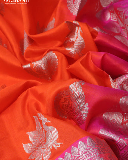 Venkatagiri silk saree orange and pink with silver zari woven buttas and long silver zari woven border