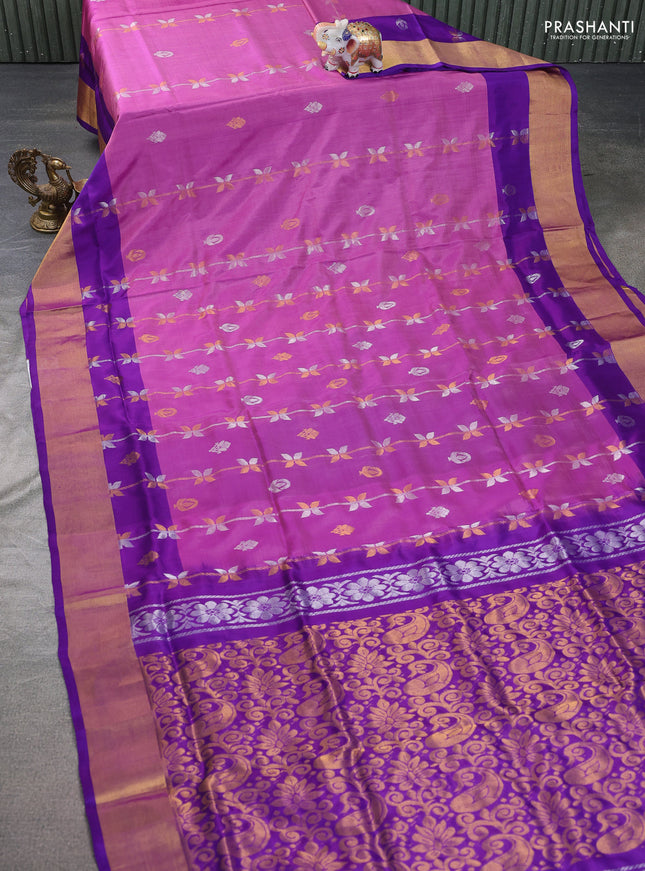 Pure uppada silk saree purple and violet with allover silver & gold zari weaves and zari woven border