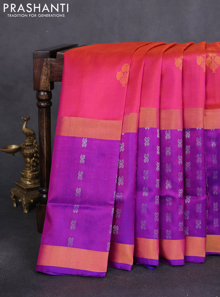 Pure uppada silk saree dual shade of pink and blue with zari woven buttas and long zari woven border