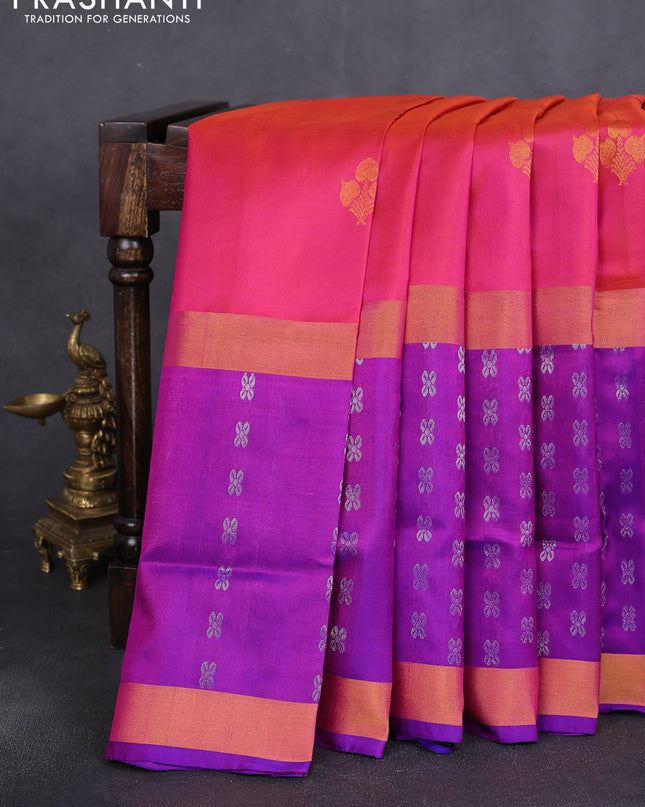 Pure uppada silk saree dual shade of pink and blue with zari woven buttas and long zari woven border