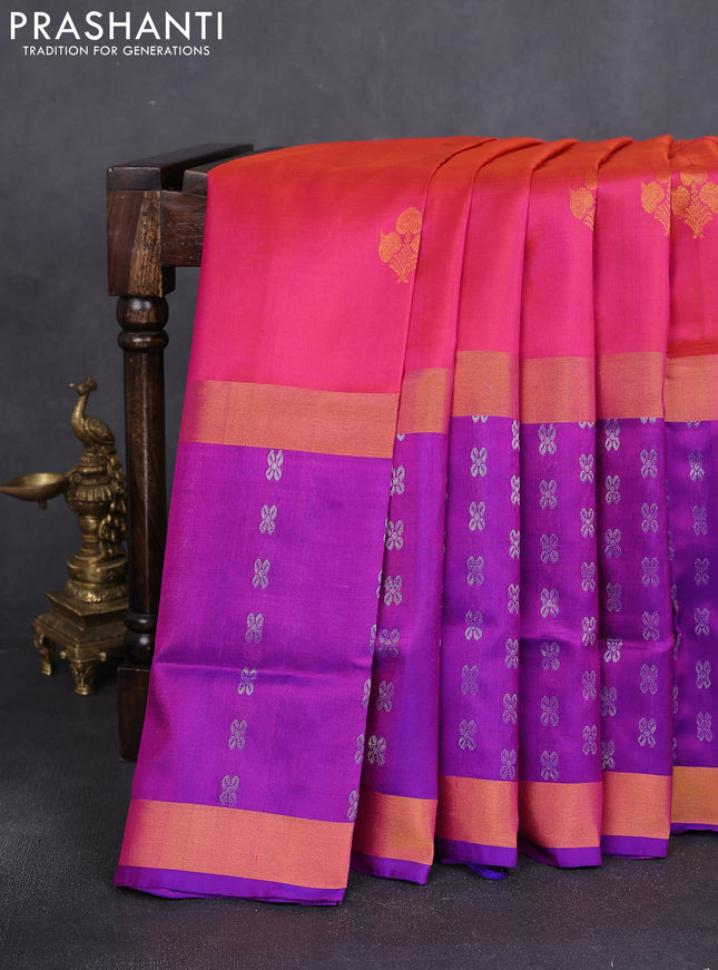 Pure uppada silk saree dual shade of pink and blue with zari woven buttas and long zari woven border