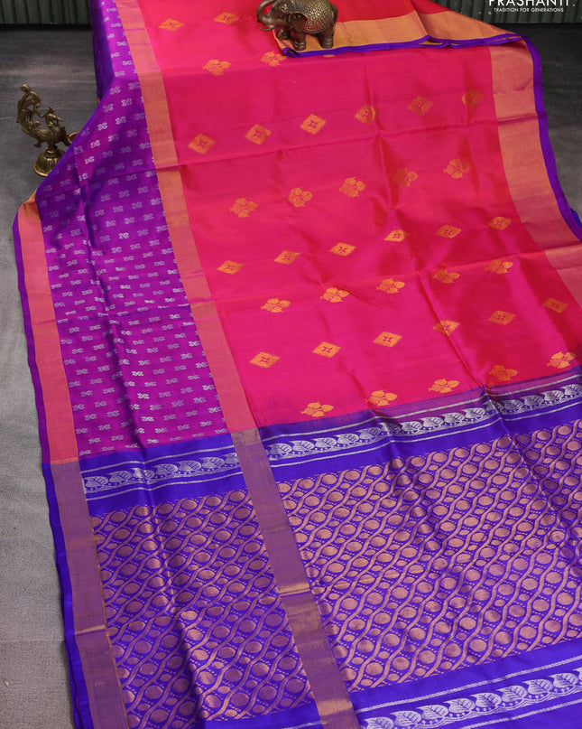 Pure uppada silk saree dual shade of pink and blue with zari woven buttas and long zari woven border