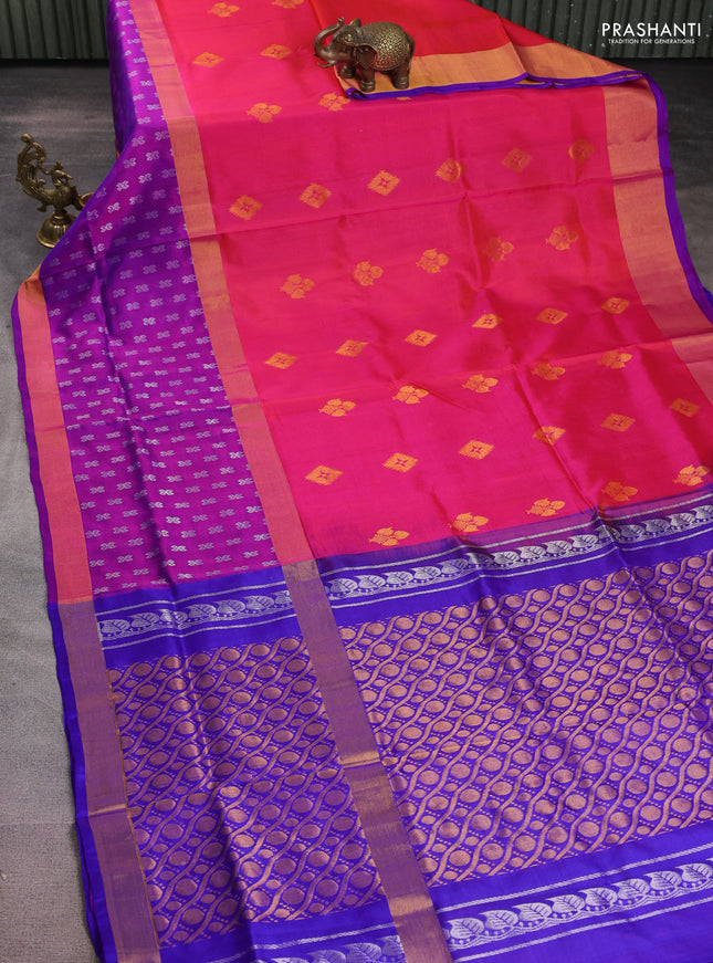 Pure uppada silk saree dual shade of pink and blue with zari woven buttas and long zari woven border