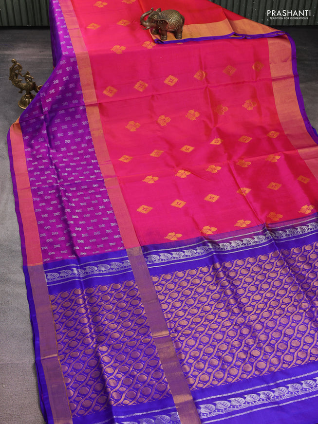 Pure uppada silk saree dual shade of pink and blue with zari woven buttas and long zari woven border