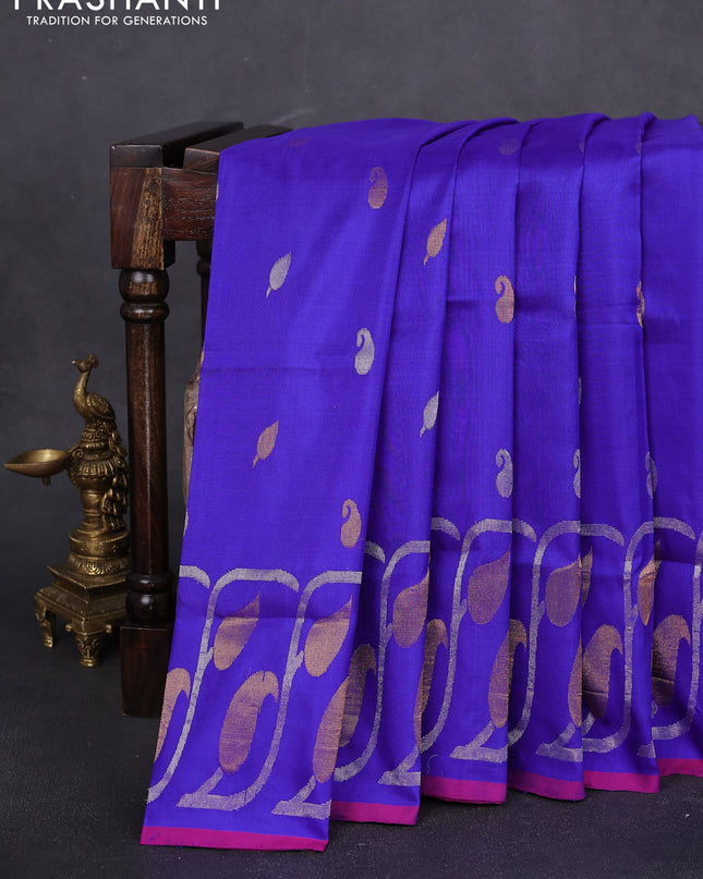 Pure uppada silk saree blue and pink with zari woven paisley buttas and zari woven border