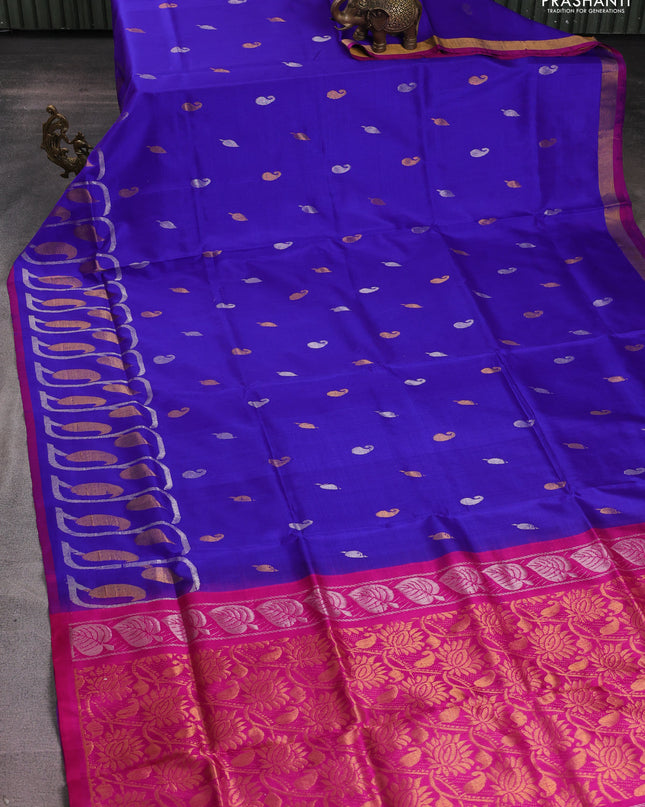 Pure uppada silk saree blue and pink with zari woven paisley buttas and zari woven border