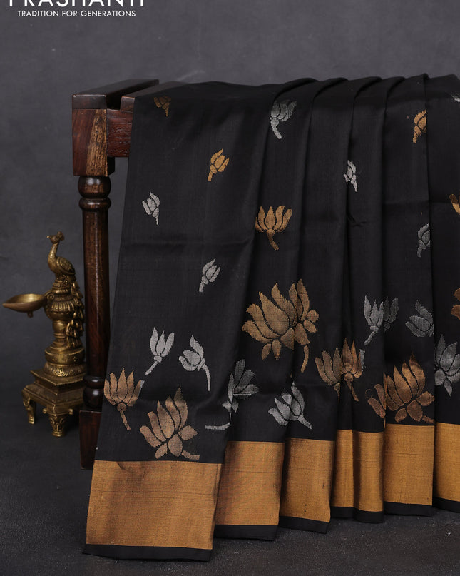 Pure uppada silk saree black with silver & gold zari woven buttas and zari woven border