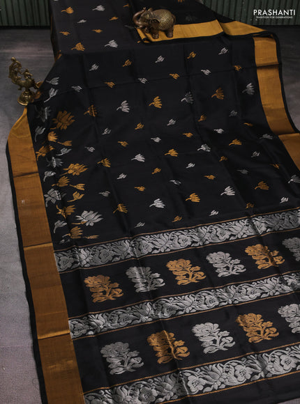 Pure uppada silk saree black with silver & gold zari woven buttas and zari woven border