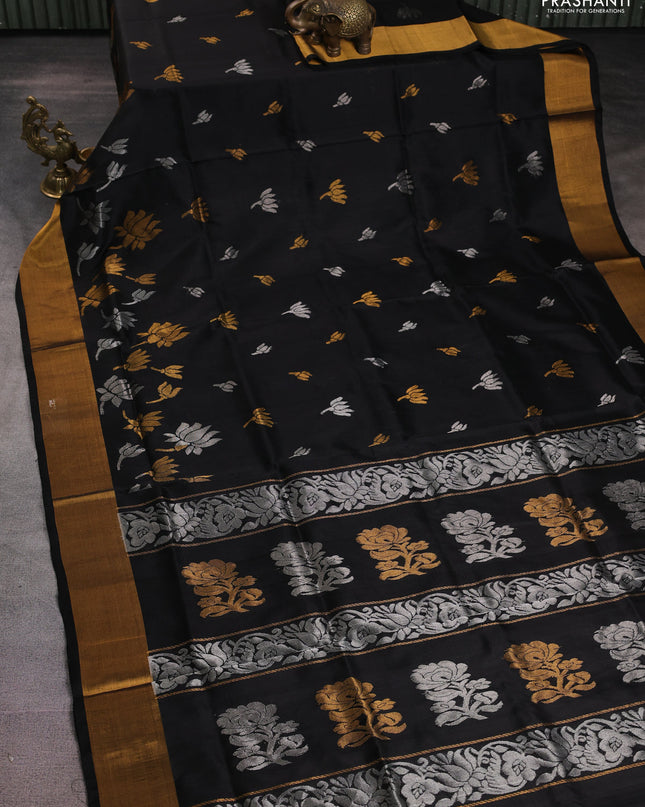 Pure uppada silk saree black with silver & gold zari woven buttas and zari woven border