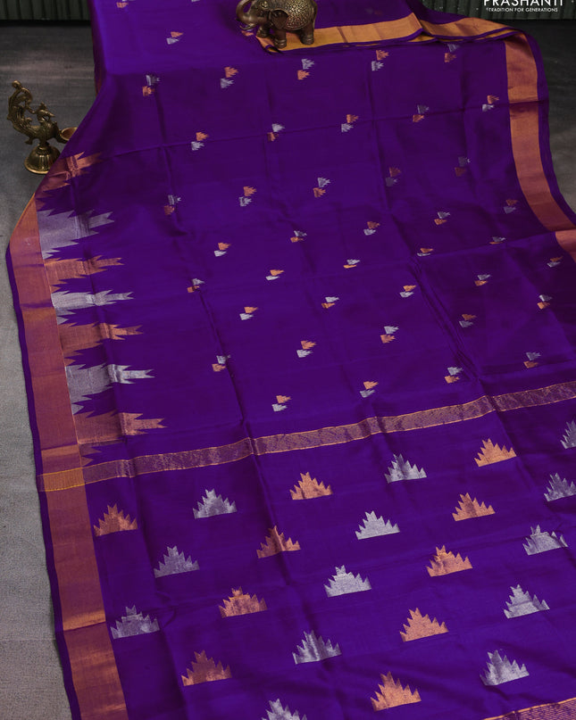 Pure uppada silk saree violet with silver & gold zari woven temple buttas and zari woven border