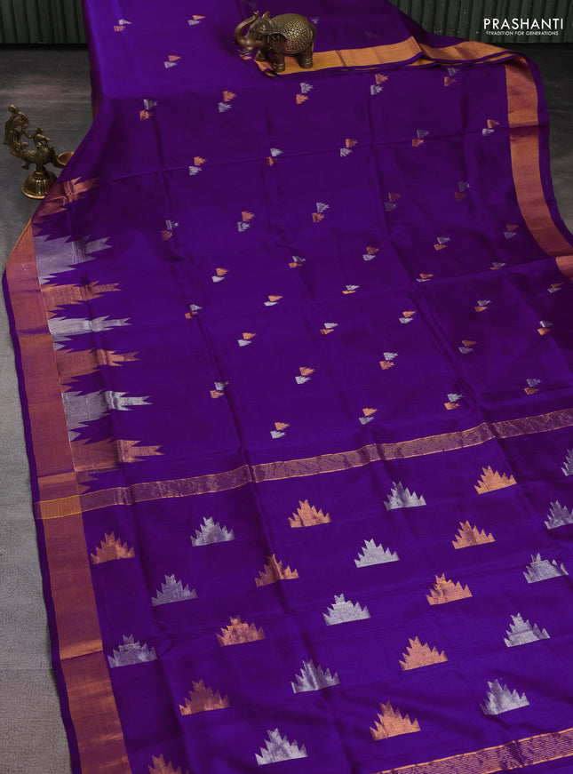 Pure uppada silk saree violet with silver & gold zari woven temple buttas and zari woven border