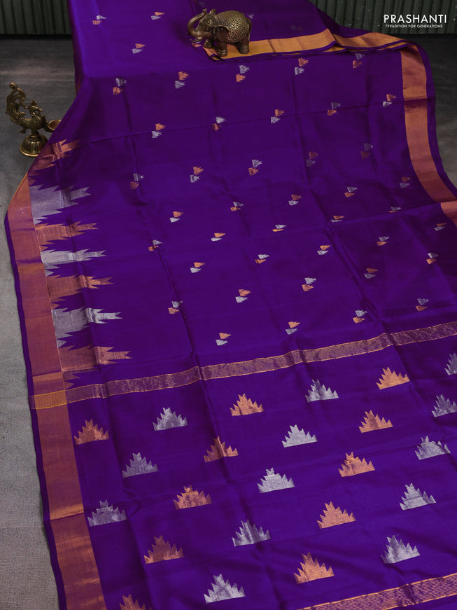 Pure uppada silk saree violet with silver & gold zari woven temple buttas and zari woven border