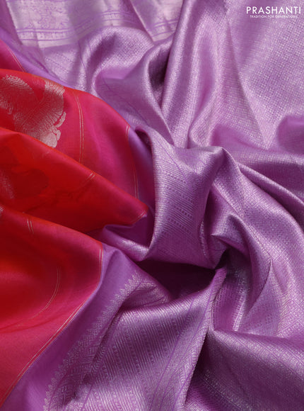 Kora kanchipuram silk saree candy pink and lavender with silver zari woven buttas and rich silver zari woven border