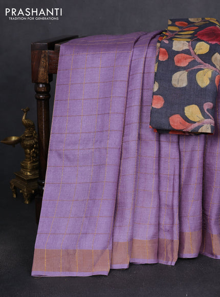 Pure tussar silk saree pastel purple and black with allover zari woven checked pattern and zari woven border