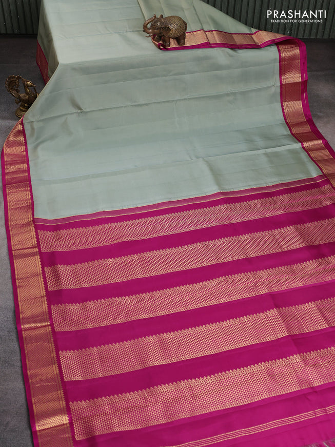 10 Yards pure kanchipuram silk saree pastel green and magenta pink with plain body and zari woven korvai border