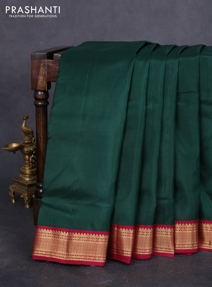 10 Yards pure kanchipuram silk saree bottle green and maroon with plain body and zari woven korvai border