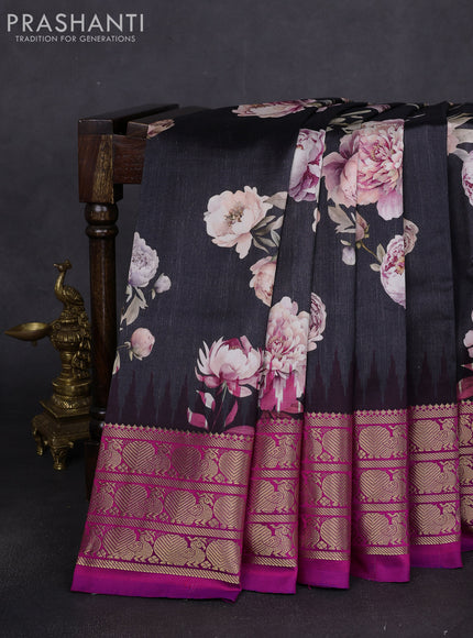 Pure pochampally silk saree elephant grey and pink with allover floral digital prints and temple design annam zari woven border