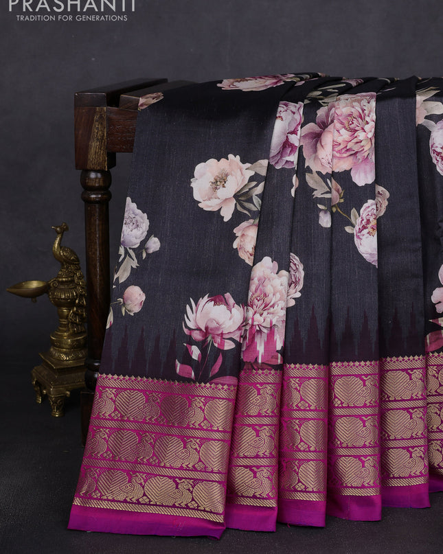 Pure pochampally silk saree elephant grey and pink with allover floral digital prints and temple design annam zari woven border