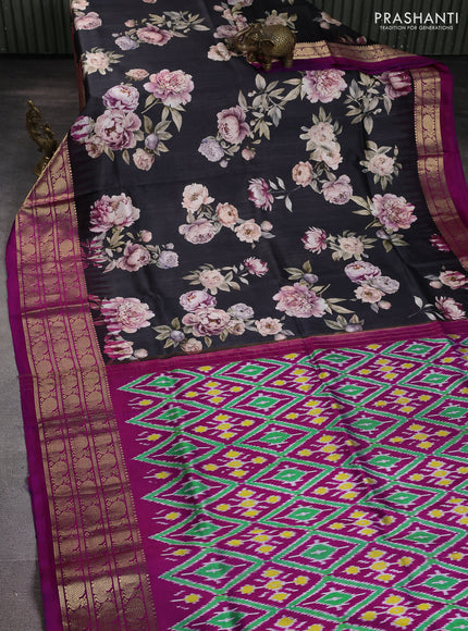 Pure pochampally silk saree elephant grey and pink with allover floral digital prints and temple design annam zari woven border