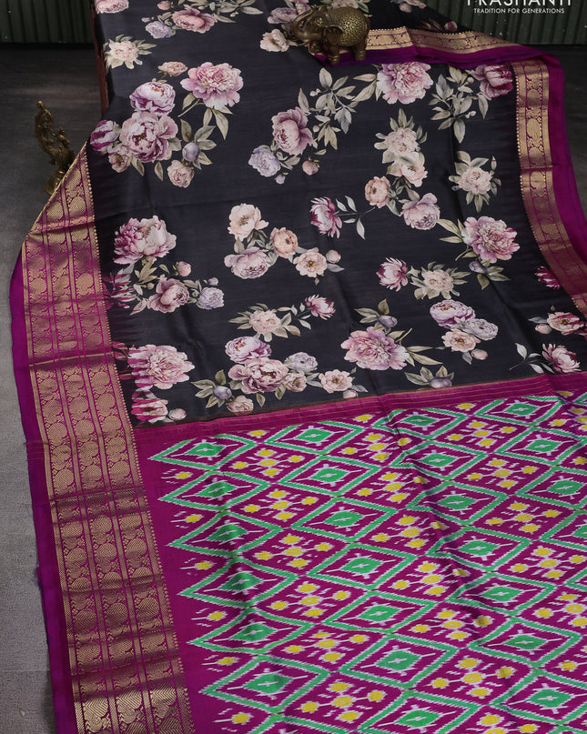 Pure pochampally silk saree elephant grey and pink with allover floral digital prints and temple design annam zari woven border