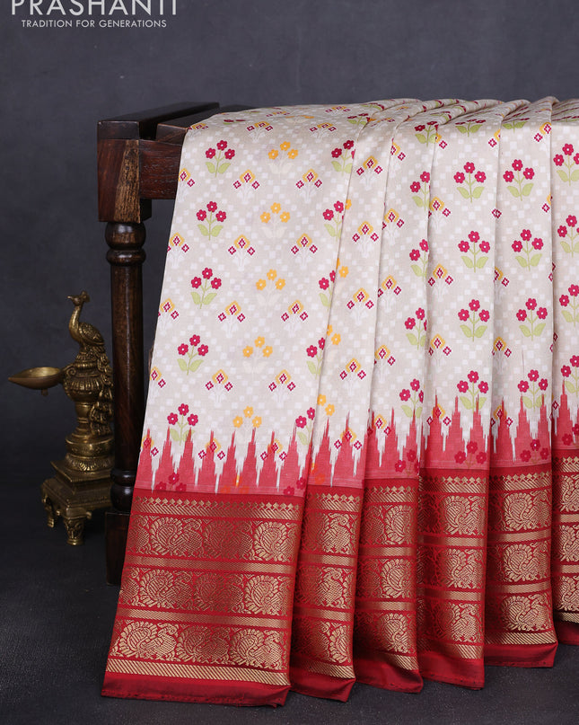 Pure pochampally silk saree beige and maroon with floral prints and temple design annam zari woven border