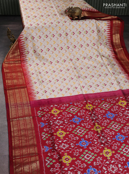Pure pochampally silk saree beige and maroon with floral prints and temple design annam zari woven border
