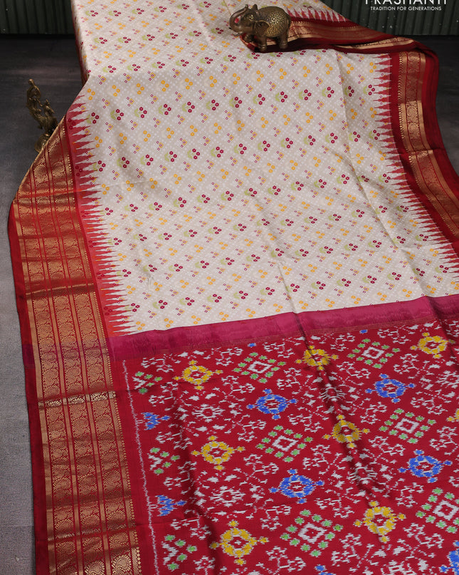 Pure pochampally silk saree beige and maroon with floral prints and temple design annam zari woven border