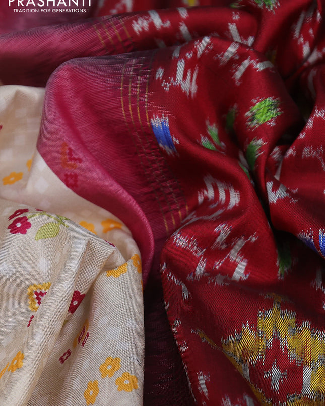 Pure pochampally silk saree beige and maroon with floral prints and temple design annam zari woven border