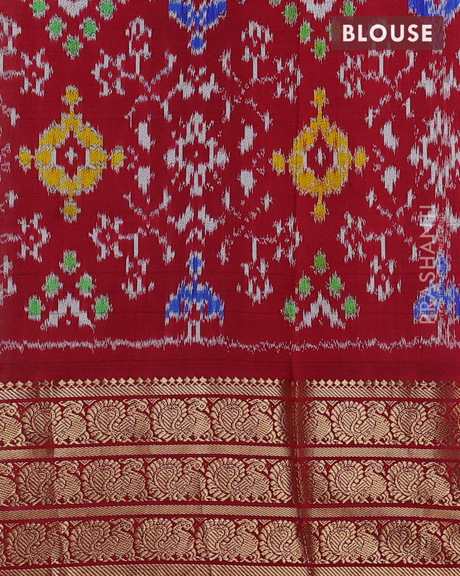 Pure pochampally silk saree beige and maroon with floral prints and temple design annam zari woven border