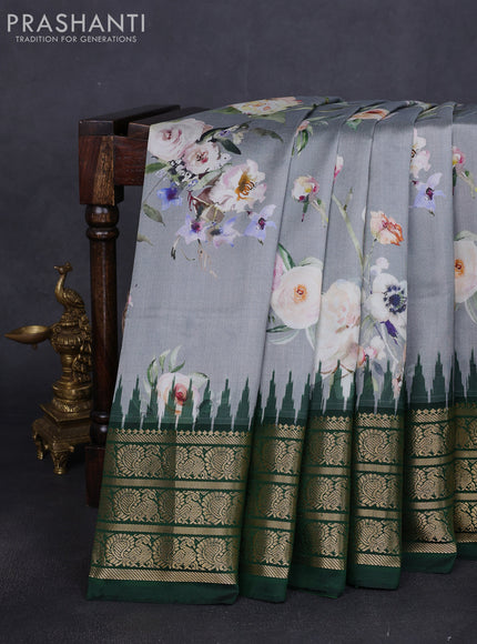 Pure pochampally silk saree grey and green with allover floral digital prints and temple design annam zari woven border